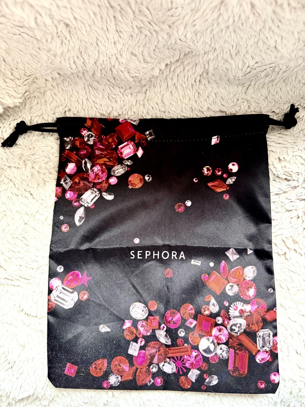 NEW No Tags Sephora Black Drawstring Pouch with Pink and Clear Gem Motif